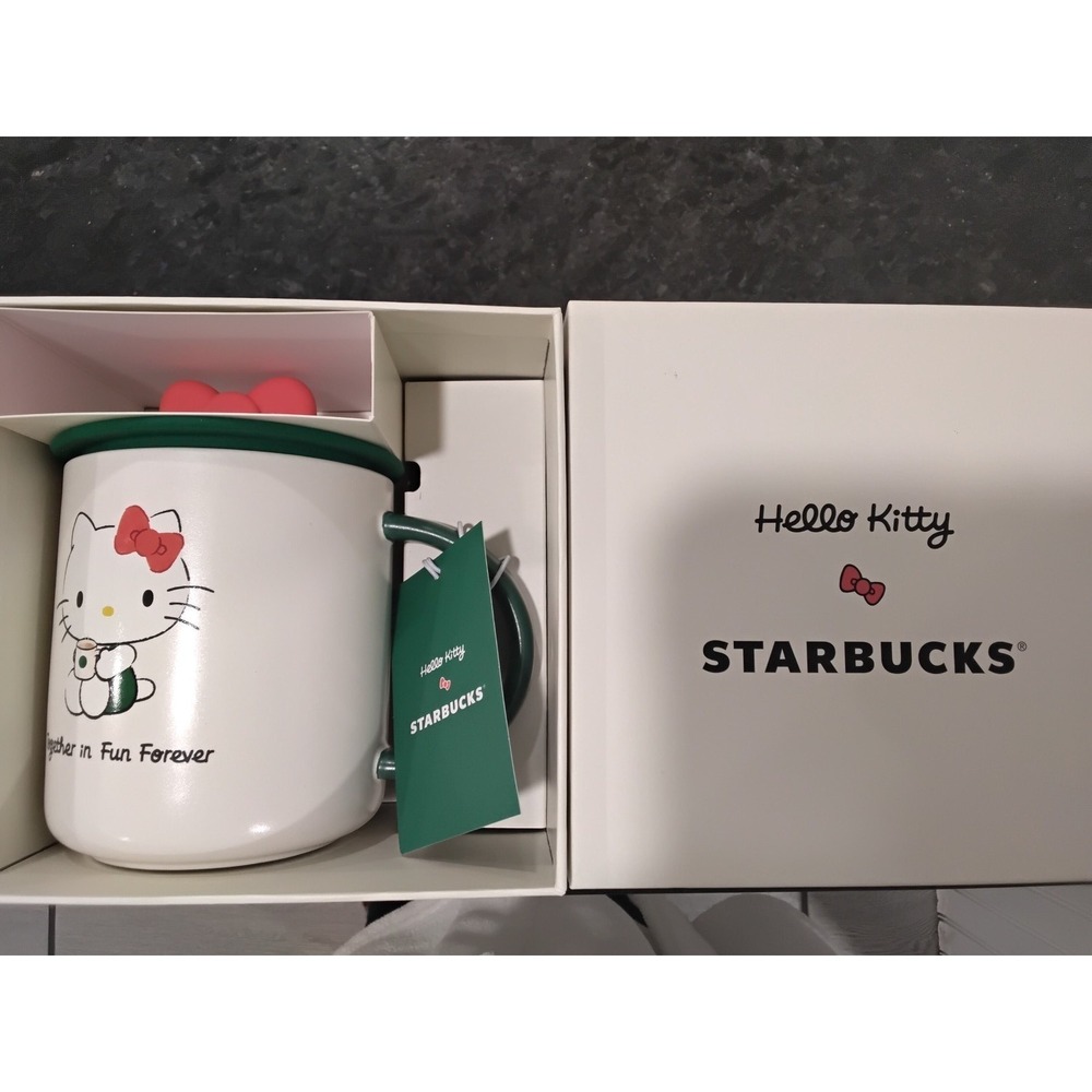Starbucks Hello Kitty Ceramic Mug 16oz Green Lid‎ Coffee Cup Limited Edition